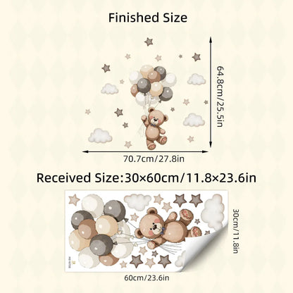 Adorable Teddy Bear Wall Decals Removable Decor With Balloons Stars & Clouds For Kids’ Bedroom Playroom Baby Nursery