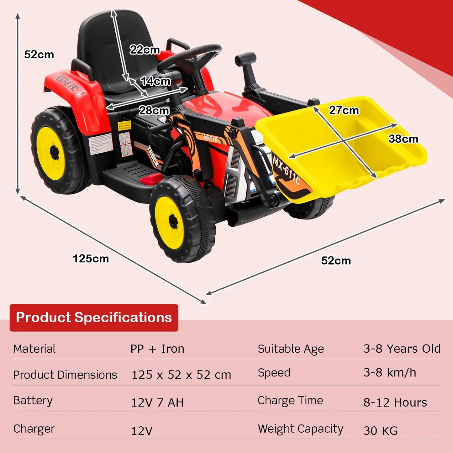 12V Kids Ride-On Excavator Loader with Remote Control