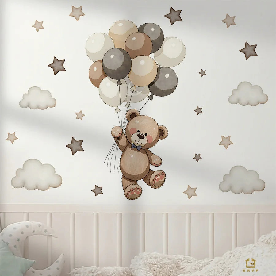 Adorable Teddy Bear Wall Decals Removable Decor With Balloons Stars & Clouds For Kids’ Bedroom Playroom Baby Nursery