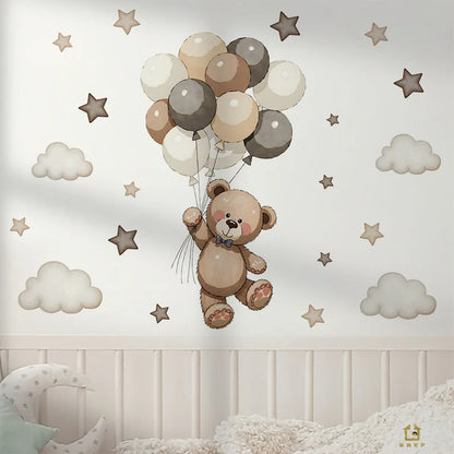 Adorable Teddy Bear Wall Decals Removable Decor With Balloons Stars & Clouds For Kids’ Bedroom Playroom Baby Nursery