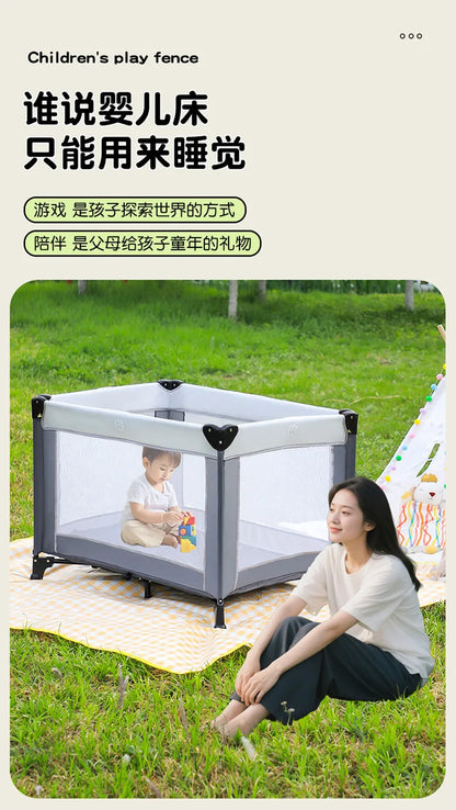 Portable Playpen Bed with Protective Fence, Foldable Safety Crib for Toddler, Multifunctional Baby Bed and Home Activity Center