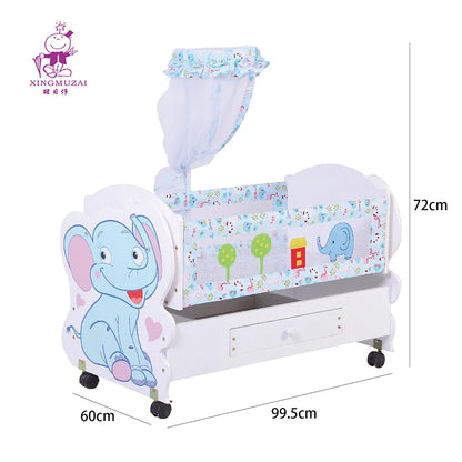 Classic White Wooden Baby Cot with Elephant Pattern, Storage Drawer & Net