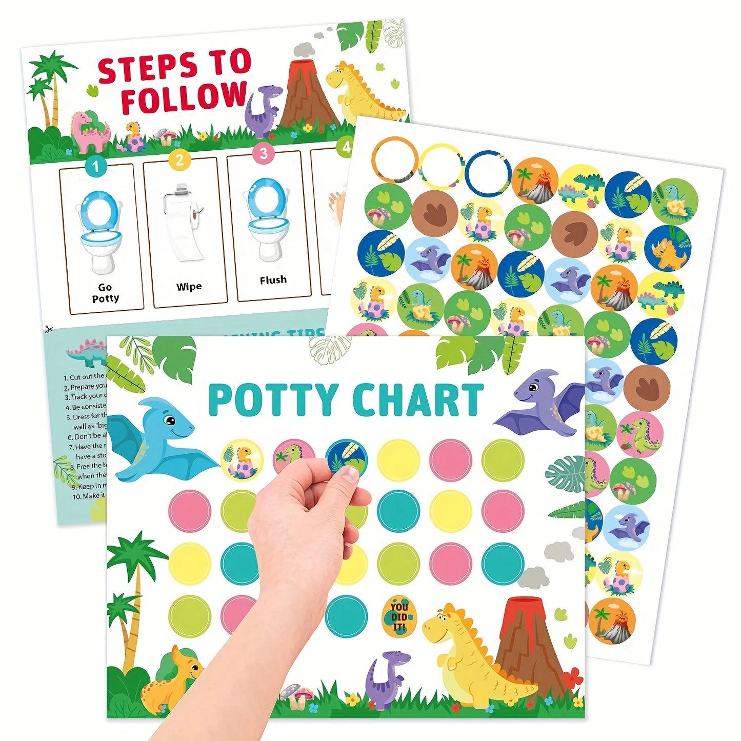 Toddler Toilet Training Chart Magnetic Reusable, Dinosaur Design, 10pcs Pooping Training Charts, 4pcs Reusable Stickers