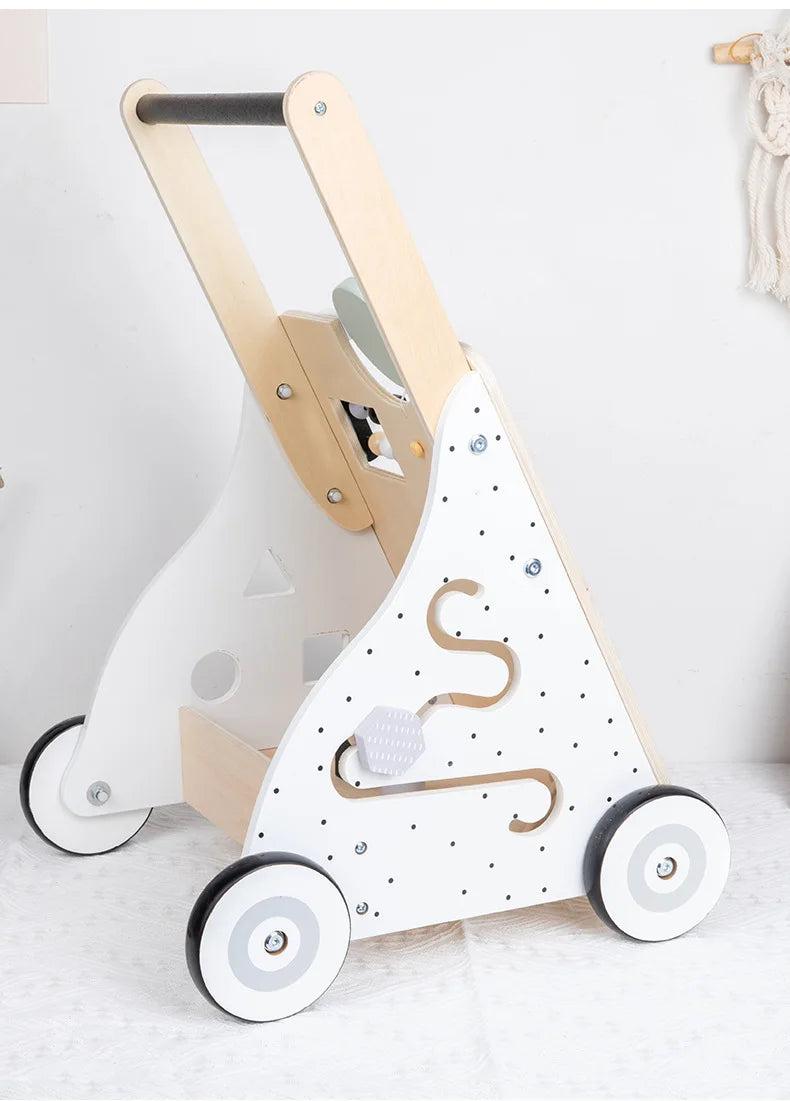 Wooden Baby Walker Cart - Anti Rollover & O-Shaped Leg Design, Adjustable Multifunctional Learning Walking Toy for Toddlers