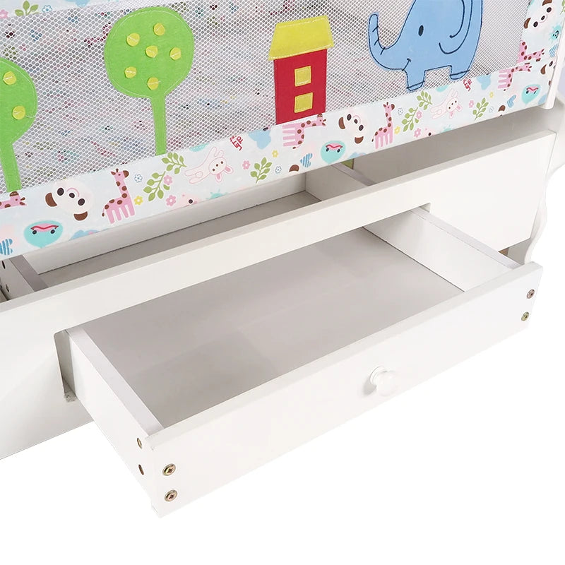 Classic White Wooden Baby Cot with Elephant Pattern, Storage Drawer & Net