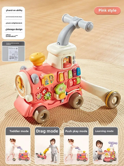 Three-in-One Early Education Baby Walker Stroller Steerable Anti-Tip Multifunctional Toddler Toy Car for Babies Learning to Walk
