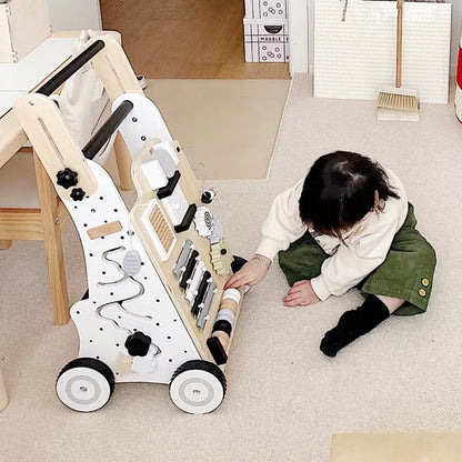 Wooden Baby Walker Cart - Anti Rollover & O-Shaped Leg Design, Adjustable Multifunctional Learning Walking Toy for Toddlers