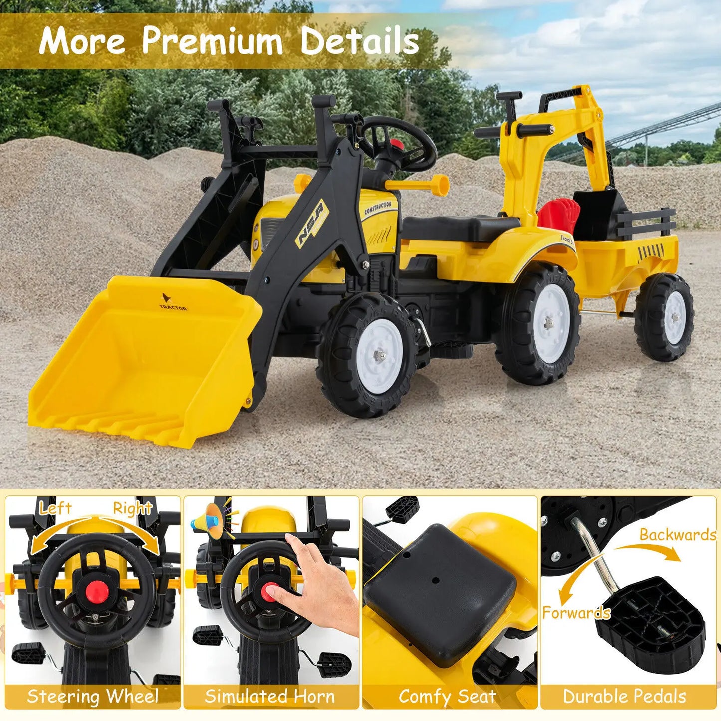 BabyBlush 3-in-1 Kids Ride-On Excavator Tractor with Trailer