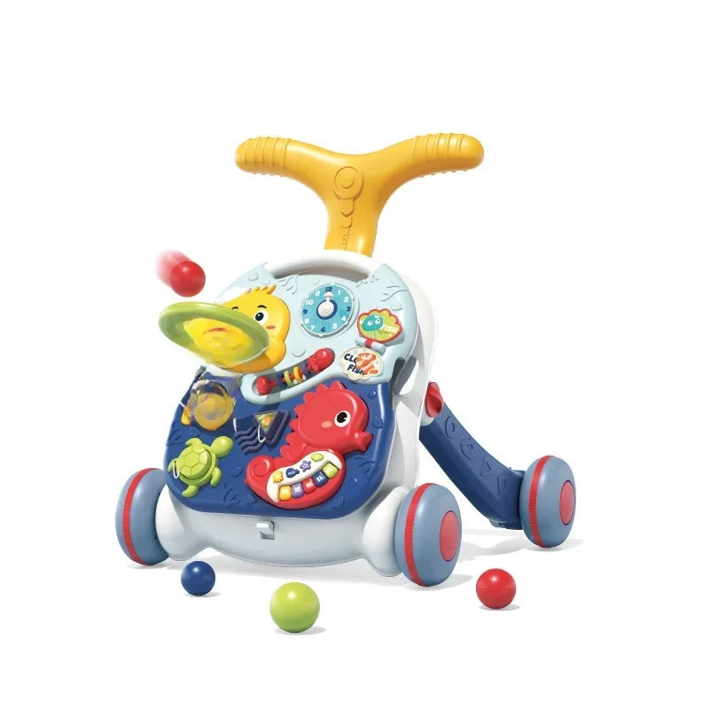 Three-in-One Early Education Baby Walker Stroller Steerable Anti-Tip Multifunctional Toddler Toy Car for Babies Learning to Walk