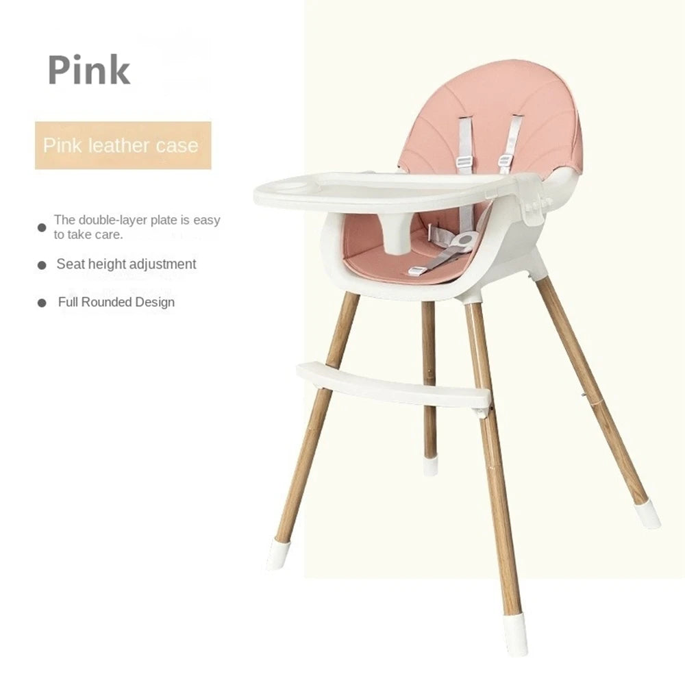 Convertible Baby High Chair, Highchair/Booster/Chair with Removable Tray, Adjustable Metal Legs, 5-Point Harness PU Cushion