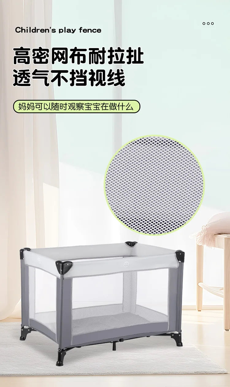 Portable Playpen Bed with Protective Fence, Foldable Safety Crib for Toddler, Multifunctional Baby Bed and Home Activity Center