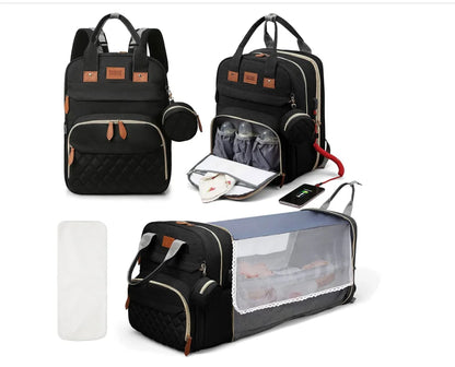 All-In-One 3-in-1 Diaper Bag Backpack with Foldable Baby Bed