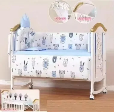 1.2m Convertible Wooden Baby Crib with Diaper Table & Mosquito Net