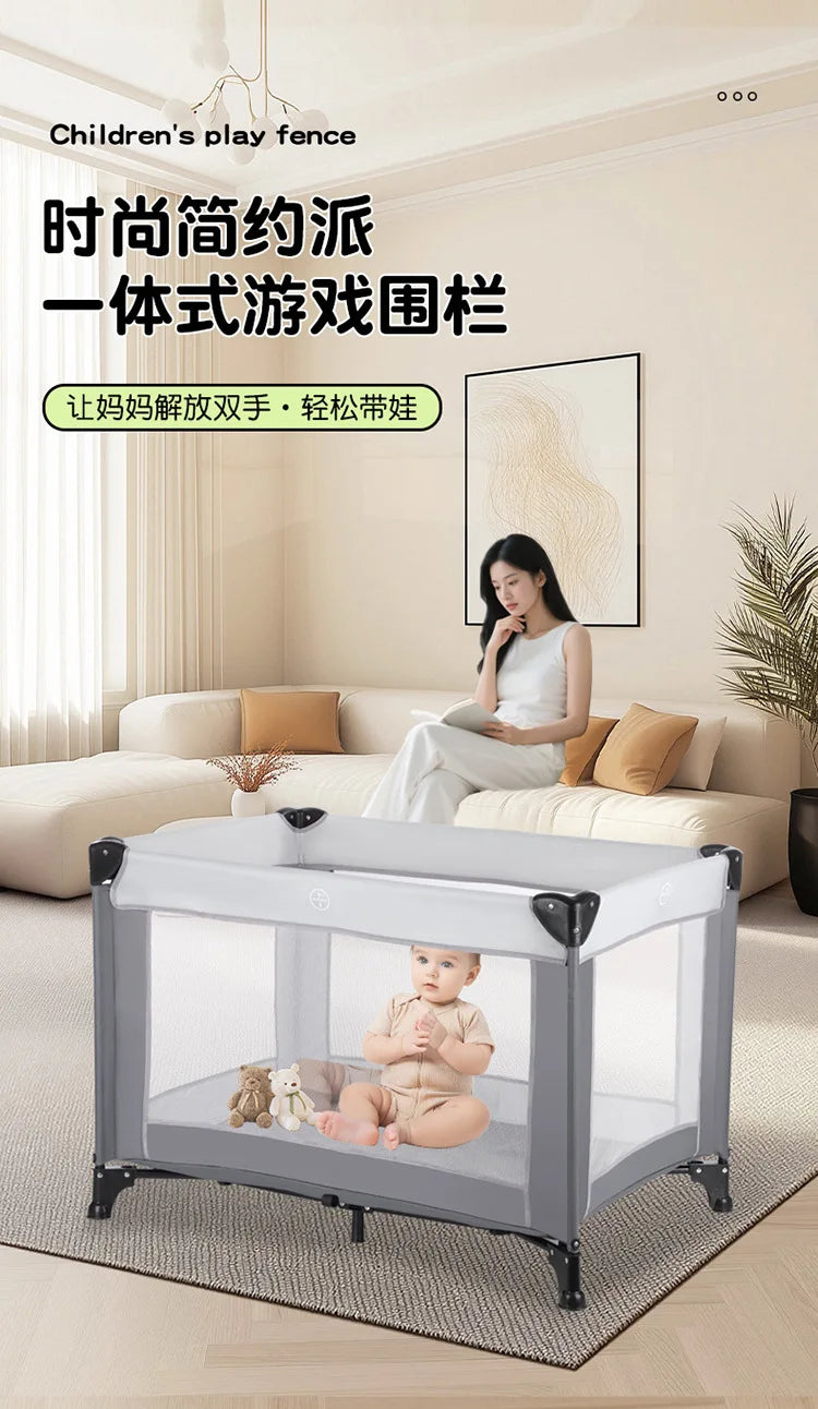 Portable Playpen Bed with Protective Fence, Foldable Safety Crib for Toddler, Multifunctional Baby Bed and Home Activity Center