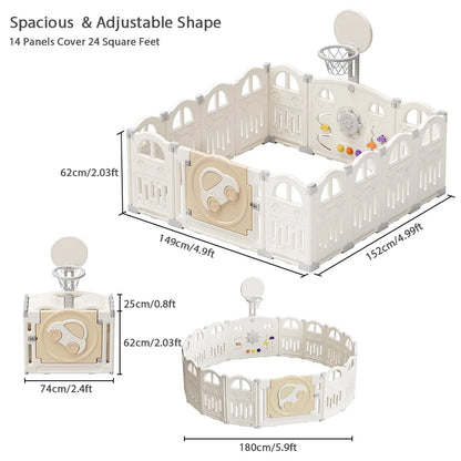 BabyBlush Foldable Baby Playpen with Basketball Hoop & 50 Pit Balls (14 Panel)