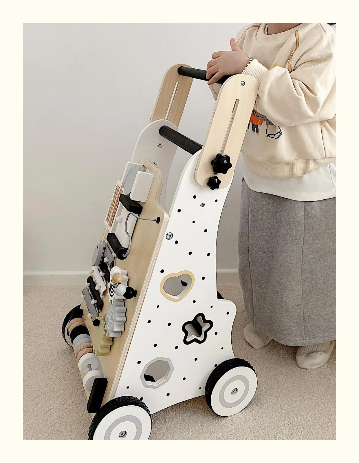 Wooden Baby Walker Cart - Anti Rollover & O-Shaped Leg Design, Adjustable Multifunctional Learning Walking Toy for Toddlers
