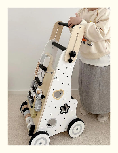Wooden Baby Walker Cart - Anti Rollover & O-Shaped Leg Design, Adjustable Multifunctional Learning Walking Toy for Toddlers