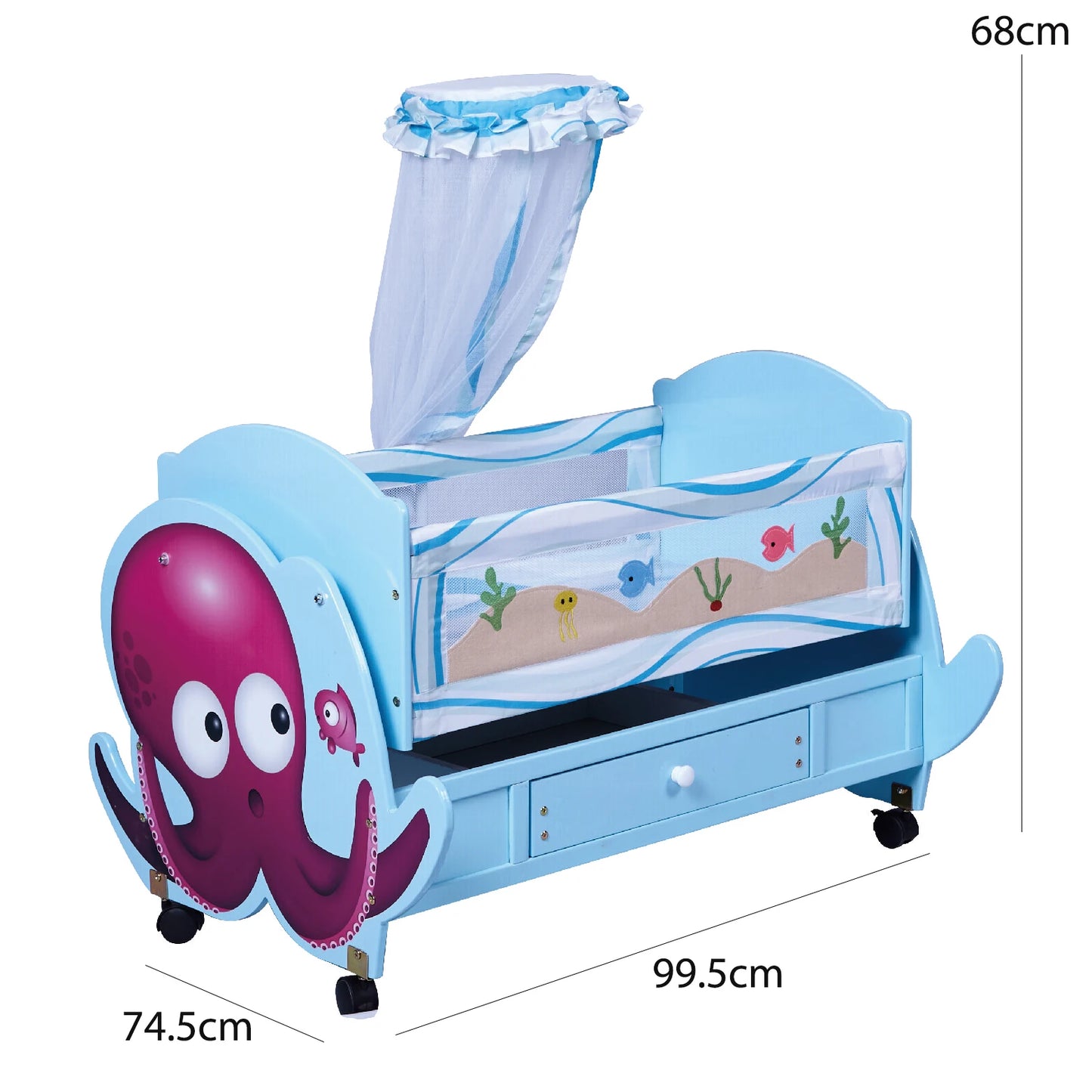 Classic White Wooden Baby Cot with Elephant Pattern, Storage Drawer & Net