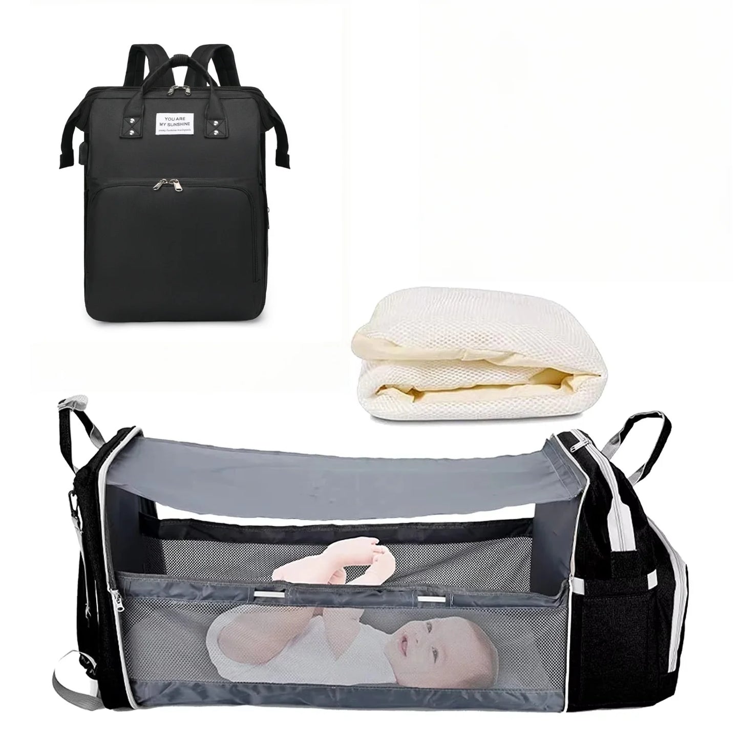 All-In-One 3-in-1 Diaper Bag Backpack with Foldable Baby Bed