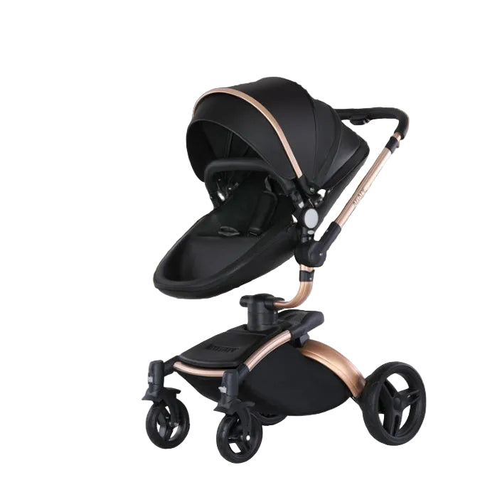 Black and rose gold stroller in front of an architectural building