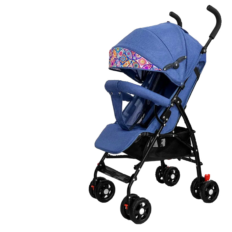 Blue baby stroller with accessories on a white background