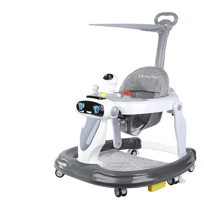 Baby walker with a robot toy on a light blue background