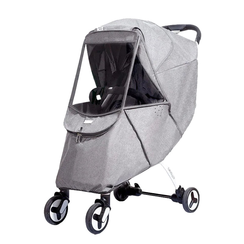 Gray stroller with clear weather shield on a white background
