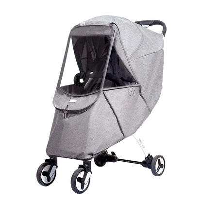 Gray stroller with clear weather shield on a white background