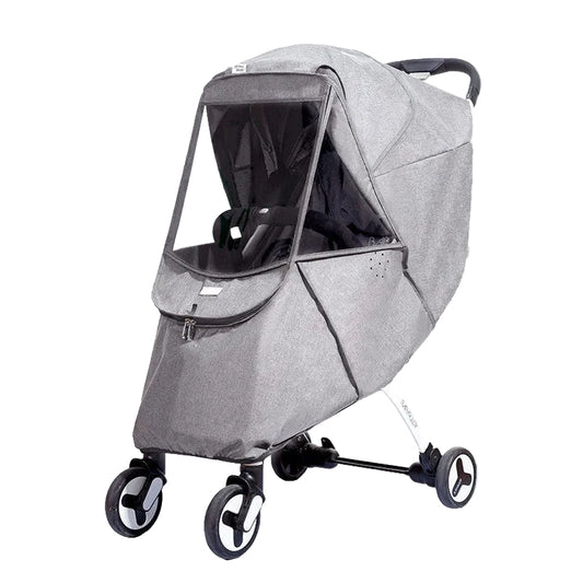 Gray stroller with clear weather shield on a white background