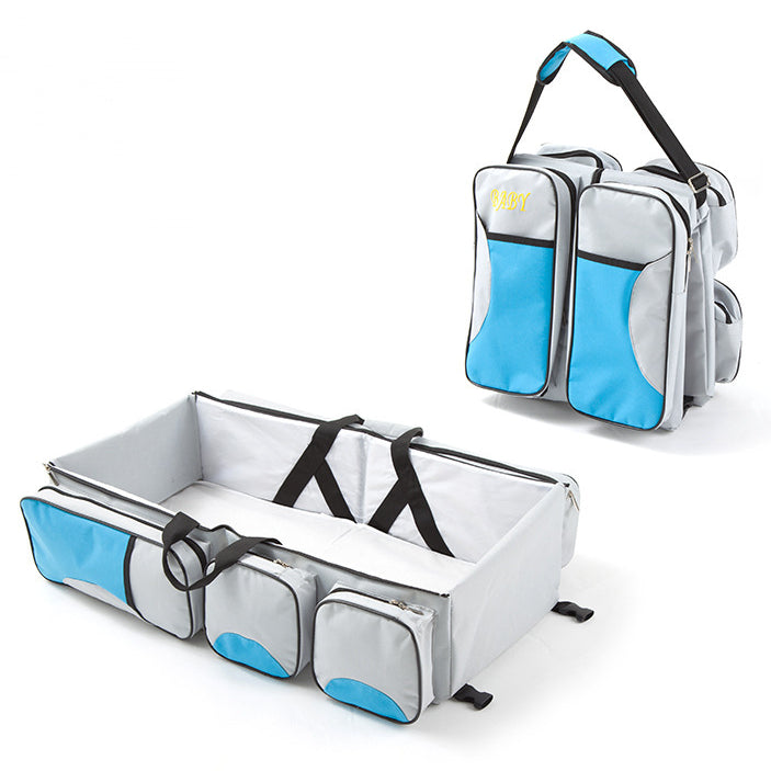 Two portable changing tables with blue accents on a white background