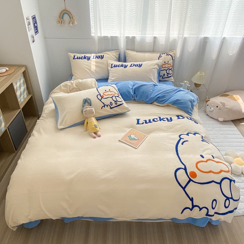 Lovely Bear Milk Fleece Four-Piece Bedding Set – Ultra-Warm & Adorably Cozy