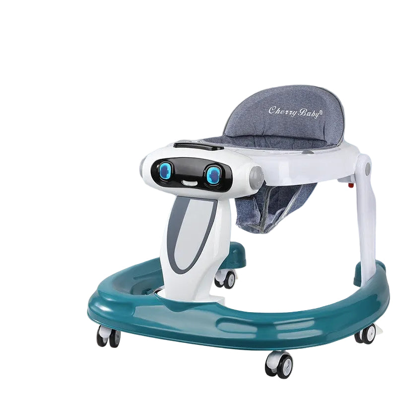 Baby walker with blue base and gray seat on a light blue background